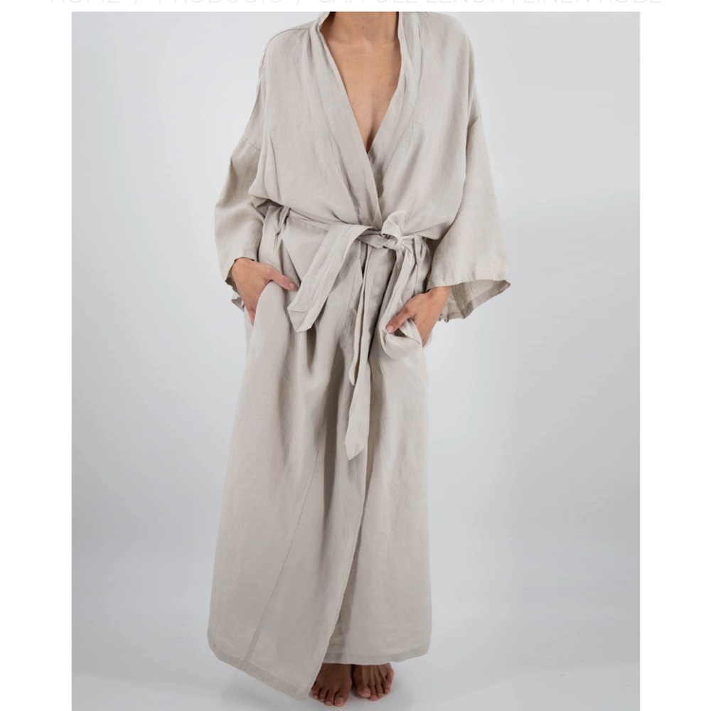 Sunday Morning Sai Full Length French Linen Robe One Size Khaki